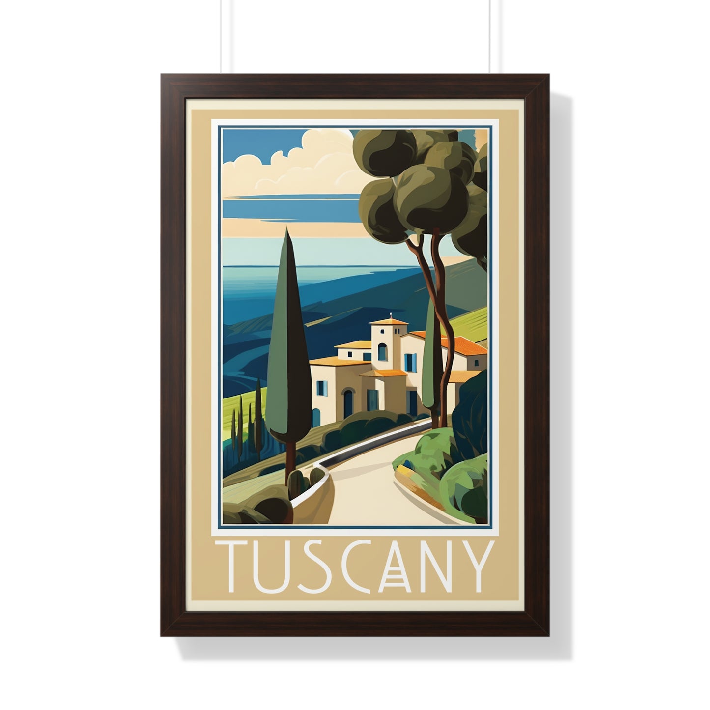 Tuscany Hillside, Italy Travel Poster, Art-Deco, Framed Vertical Poster