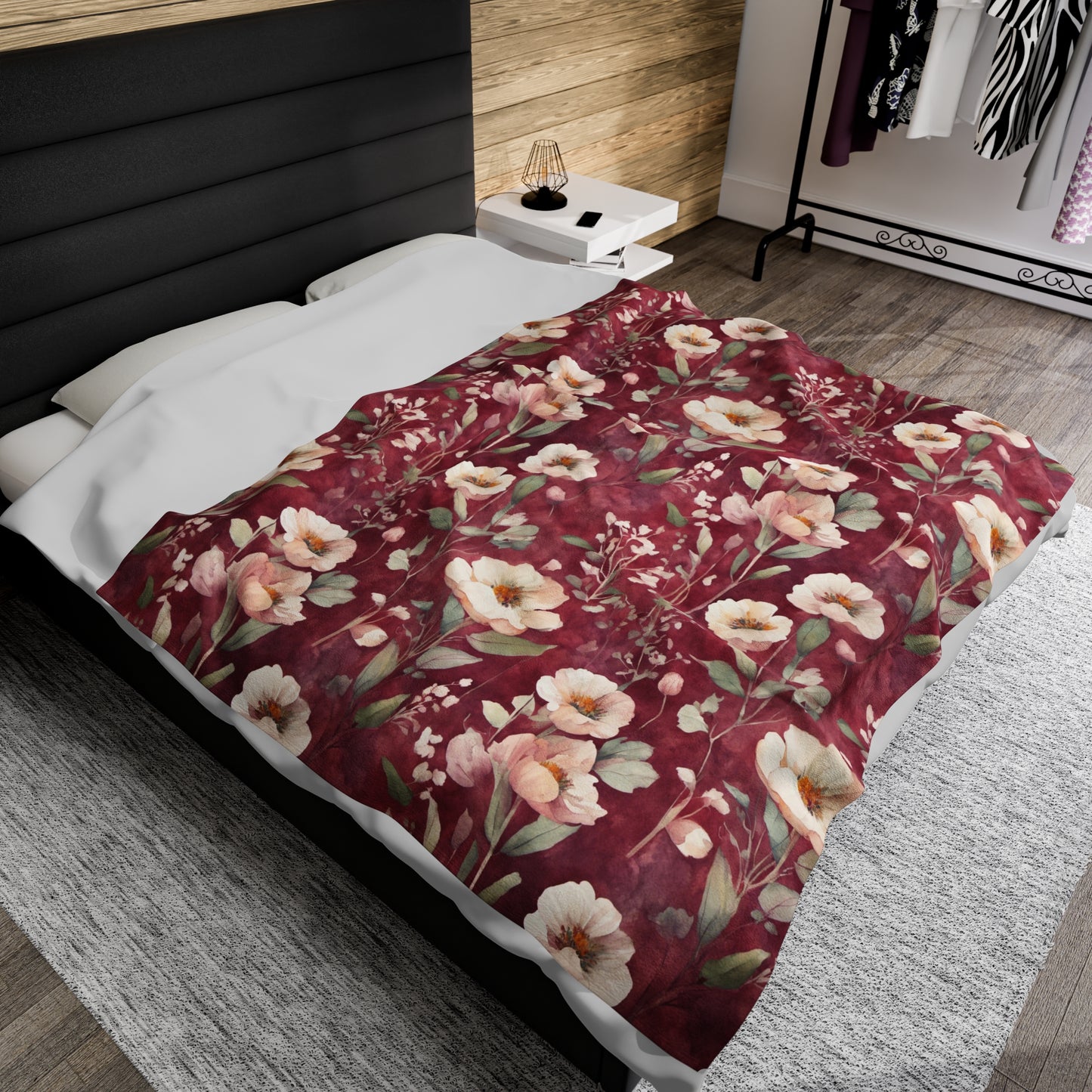 White Roses on Plum Red Velveteen Plush Blanket