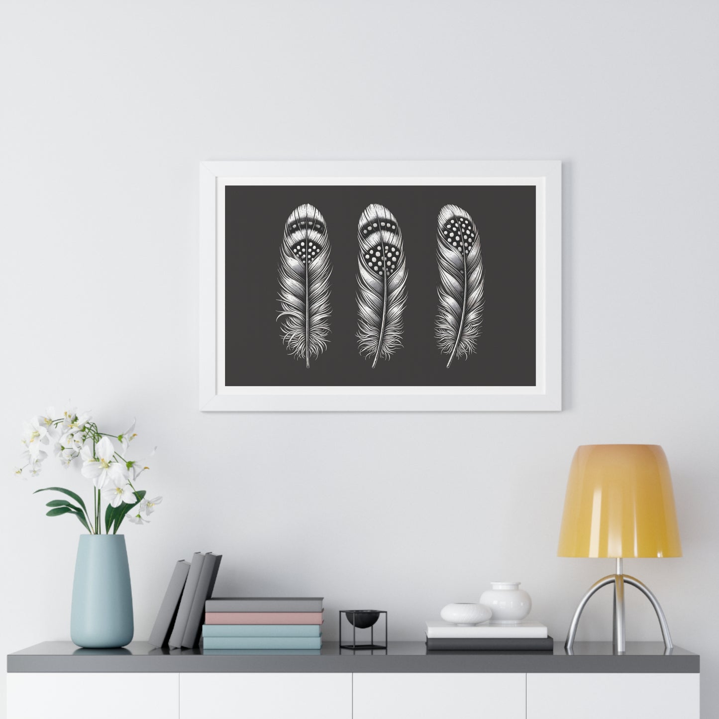 Black and White Speckled Feathers, Framed Horizontal Poster