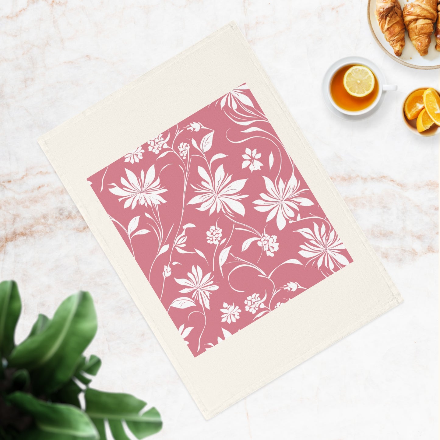 Simple White Flower on Pink Pattern Cotton Tea Towel