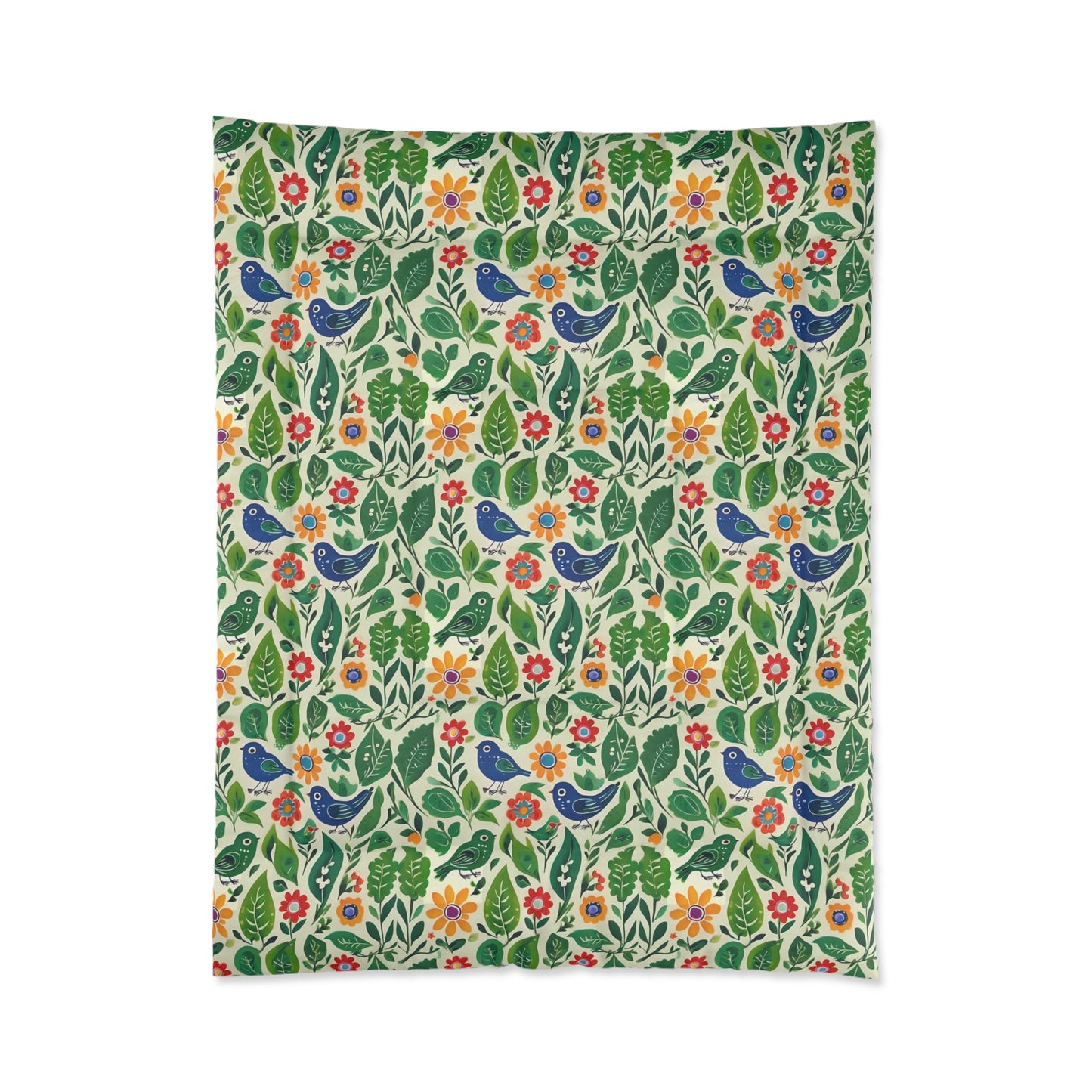 Bright Birds, Bright Green Leaves, Bright Flowers, Folk Art Comforter