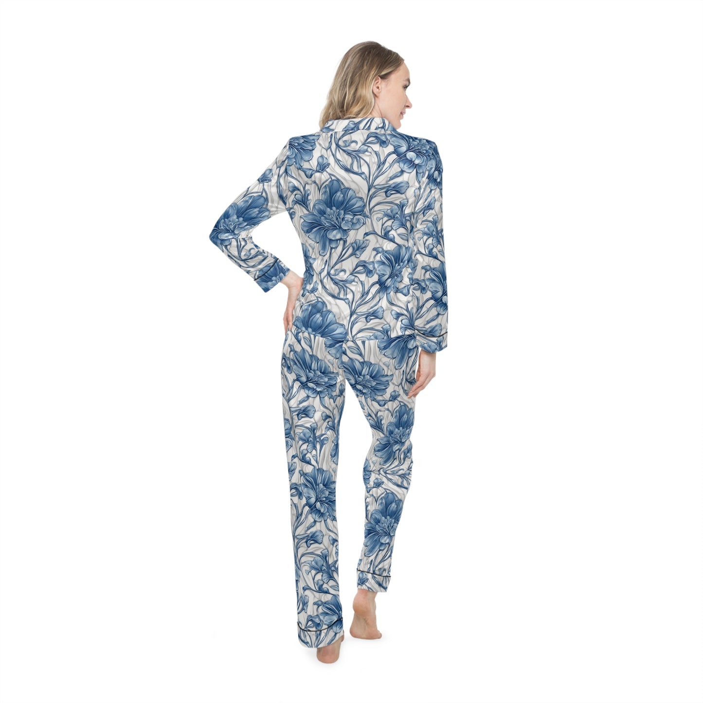 Blue & White Flowers Women's Satin Pajamas (AOP)