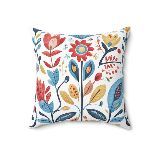 Bright and Colourful Folk Art Flowers, Polyester Square Pillow