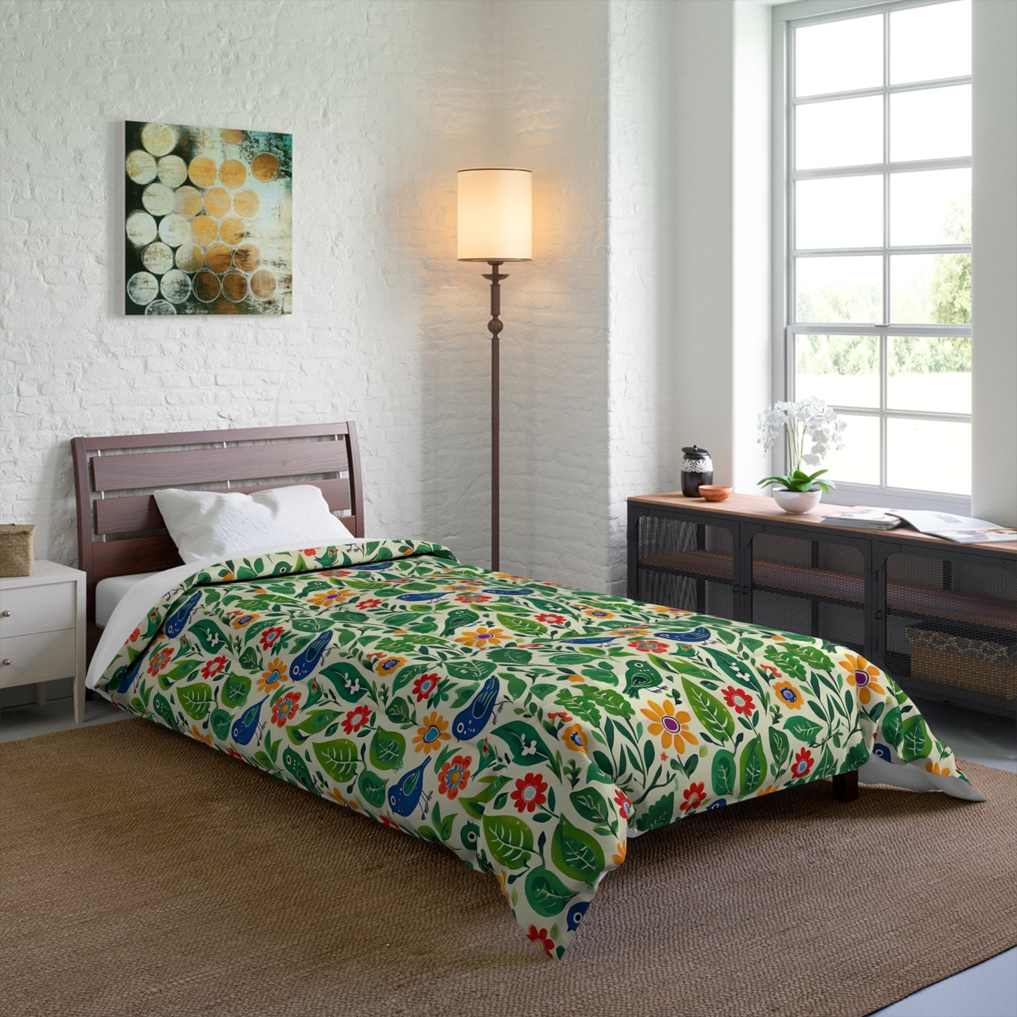 Bright Birds, Bright Green Leaves, Bright Flowers, Folk Art Comforter