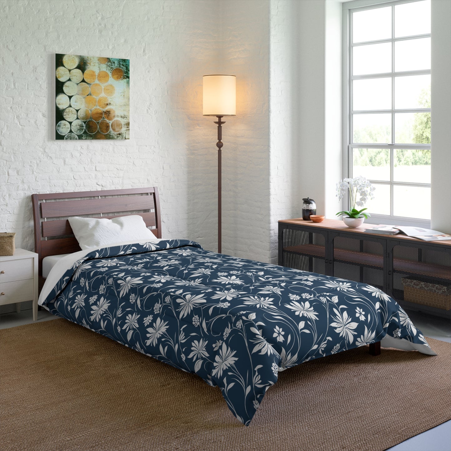 Simple White Flower on Indigo Pattern Comforter