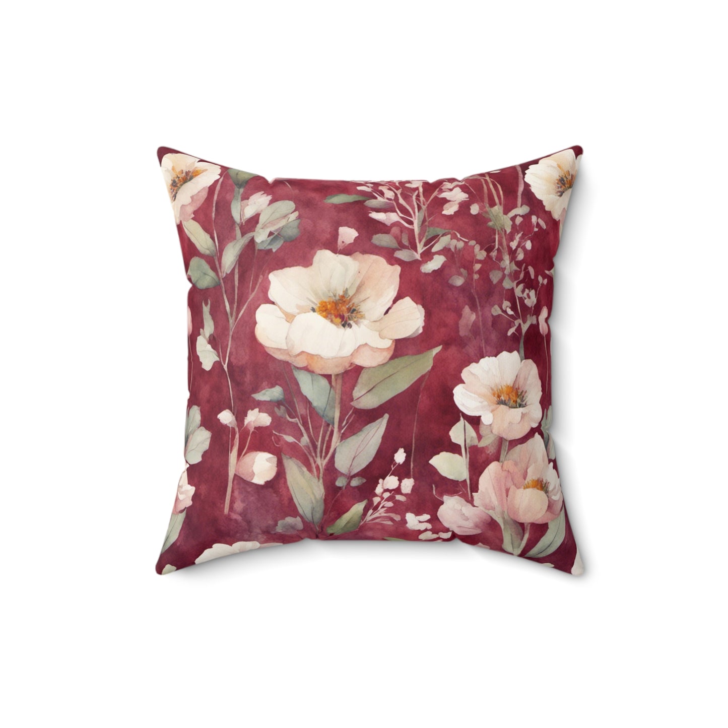 White Roses on Plum Red Polyester Square Pillow