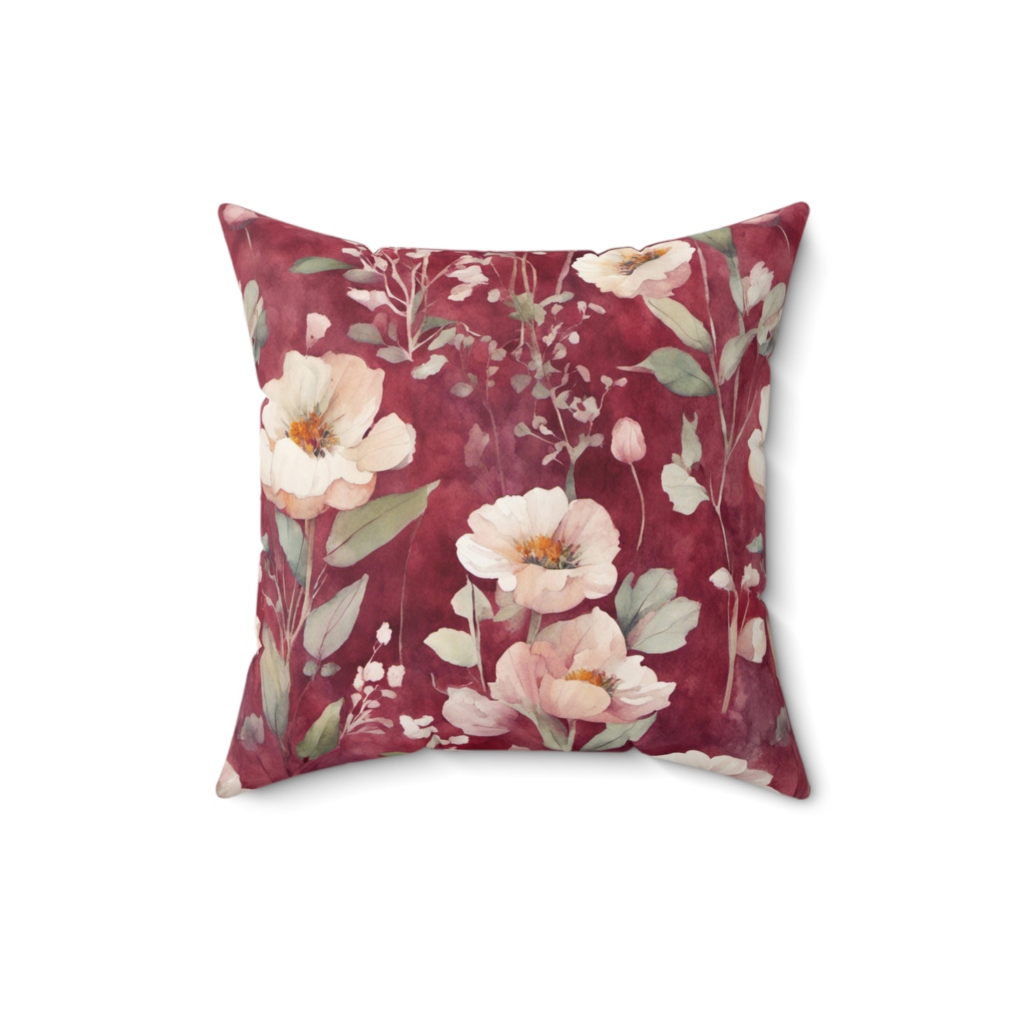 White Roses on Plum Red Polyester Square Pillow