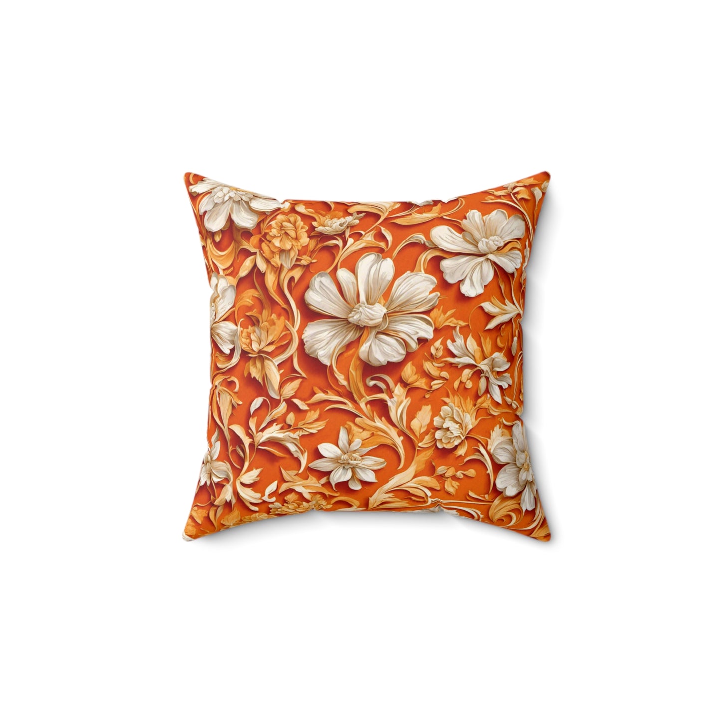 White Flowers on Apricot Polyester Square Pillow