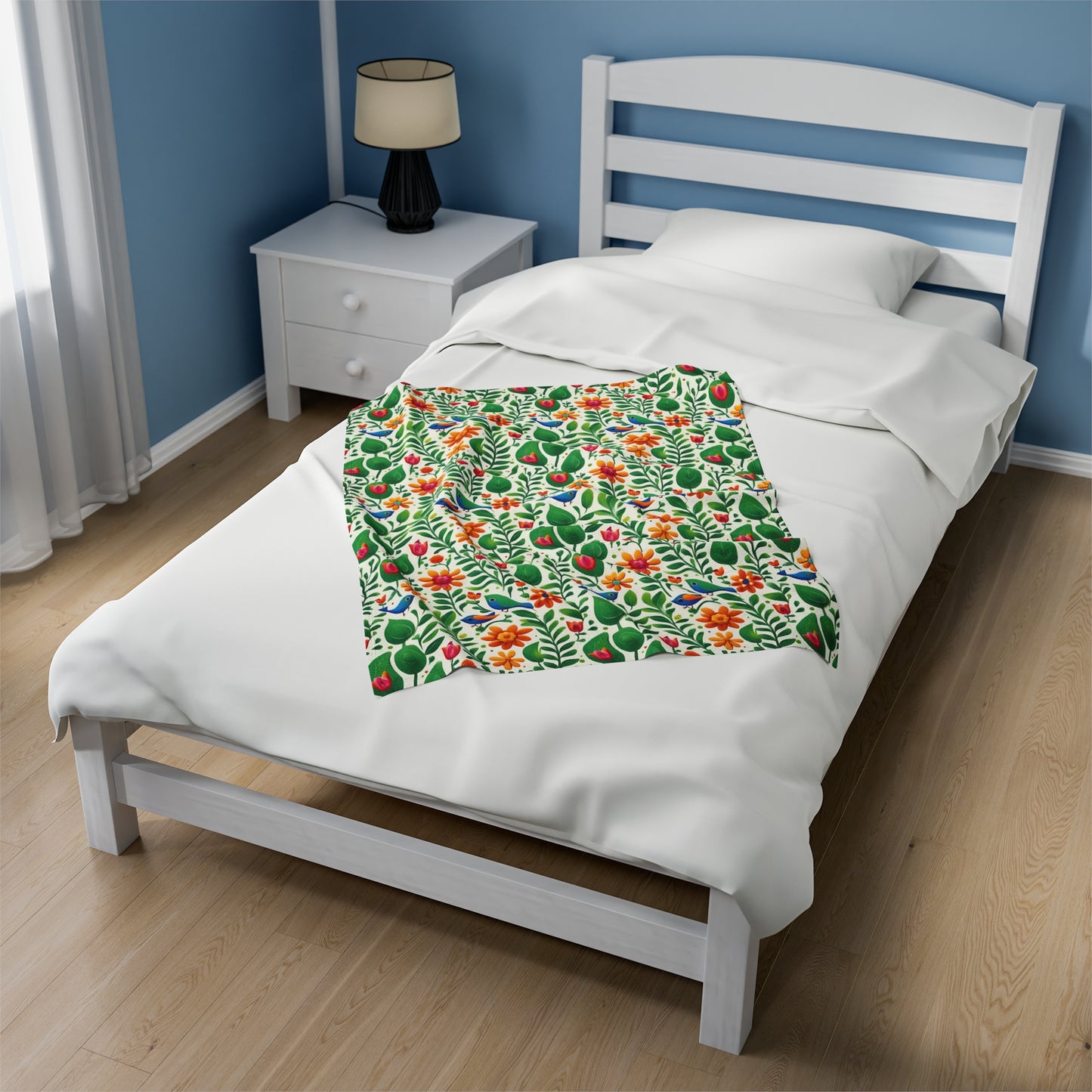 Bright Garden Birds, Leaves and Flowers Velveteen Plush Blanket