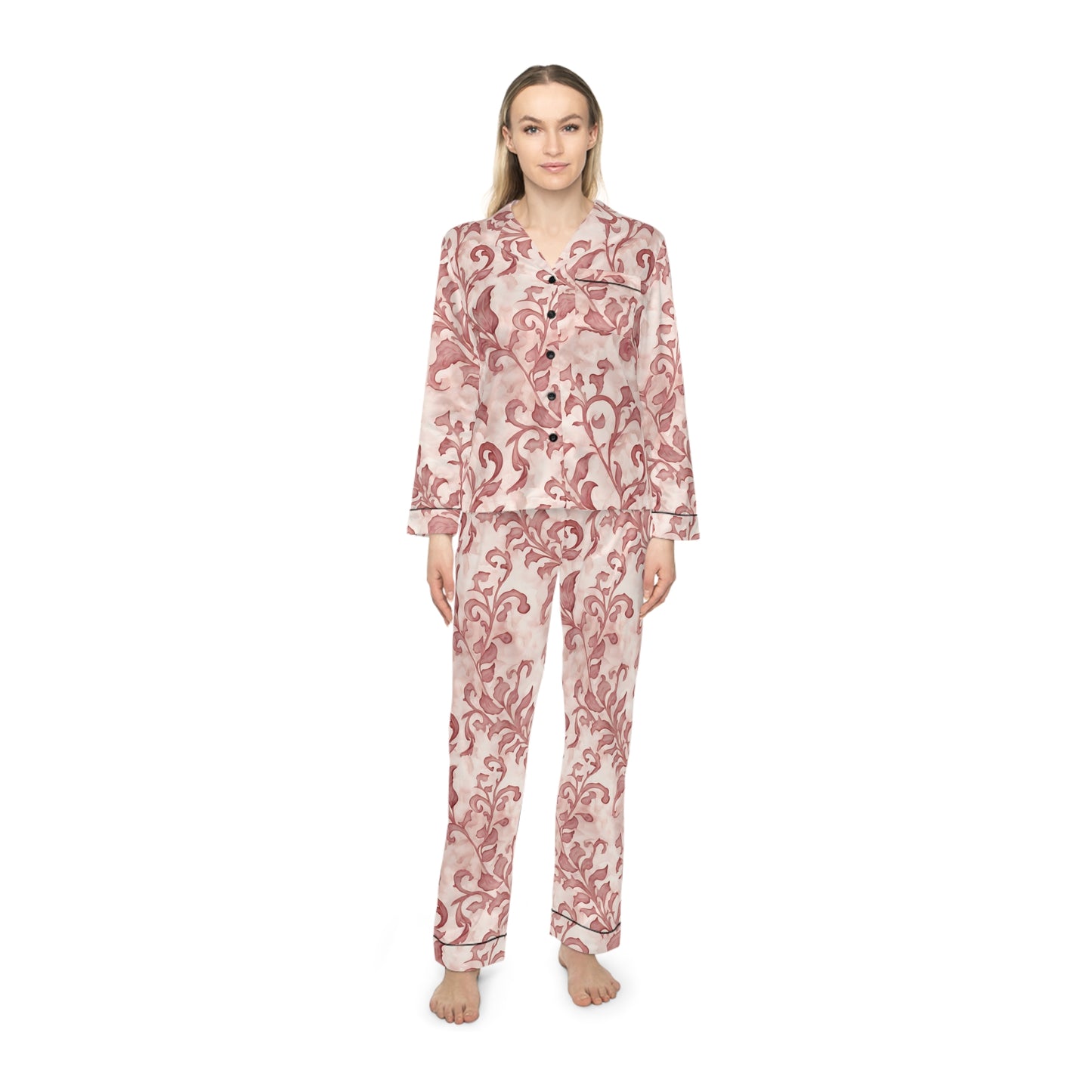 Climbing Pink Leaves, Women's Satin Pajamas (AOP)