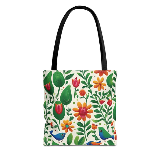 Bright Garden Birds, Leaves and Flowers Tote Bag (AOP)