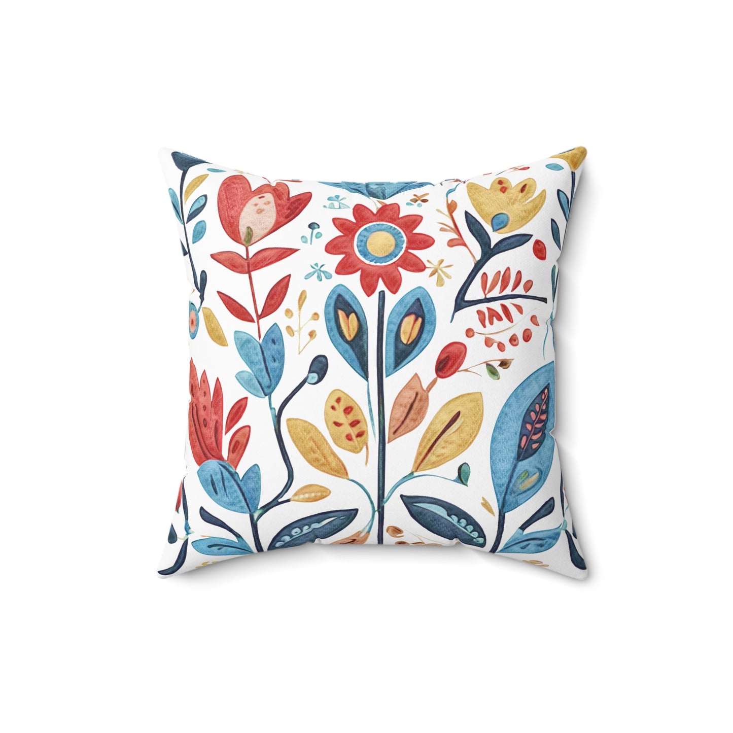 Bright and Colourful Folk Art Flowers, Polyester Square Pillow