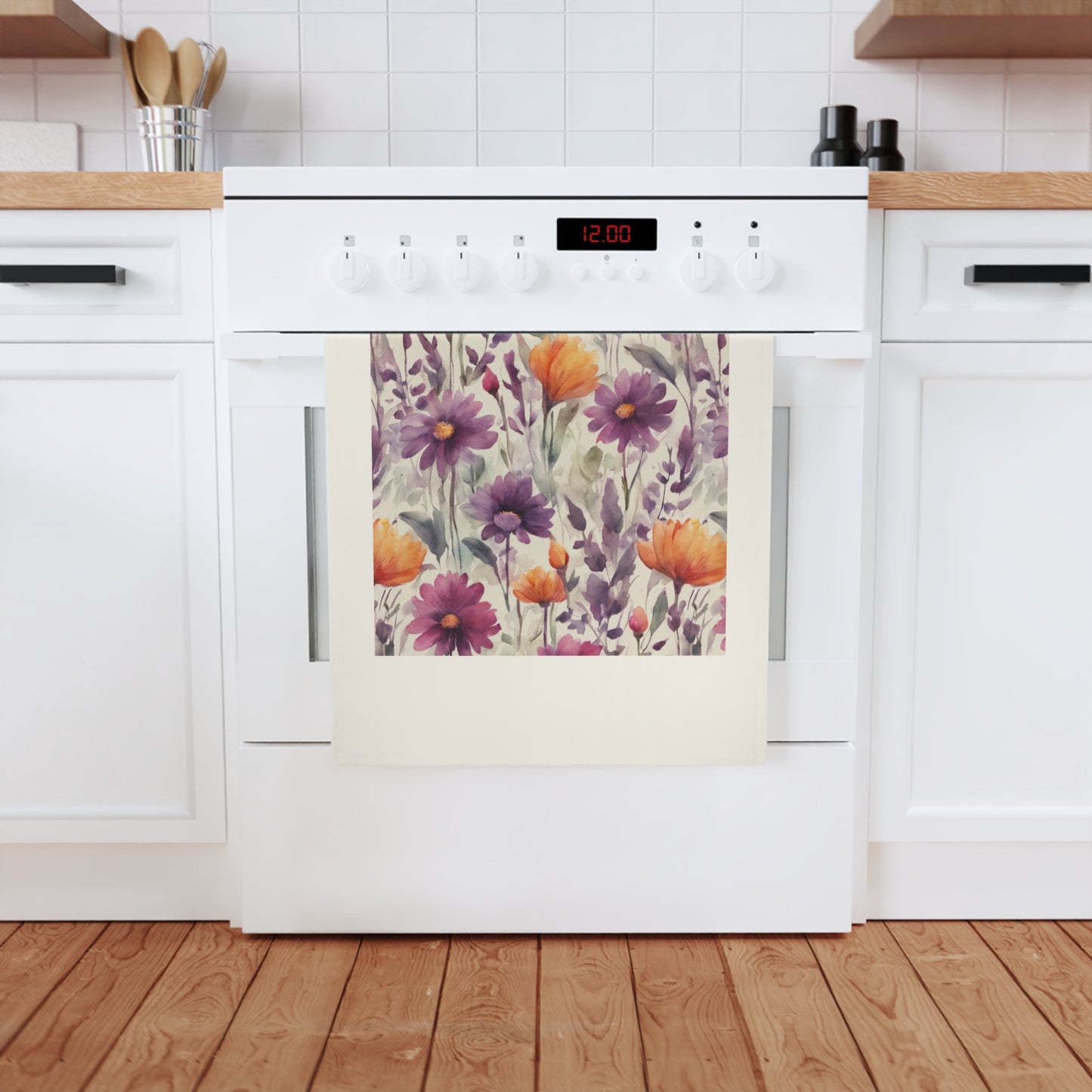 Plum and Apricot Wildflowers Cotton Tea Towel