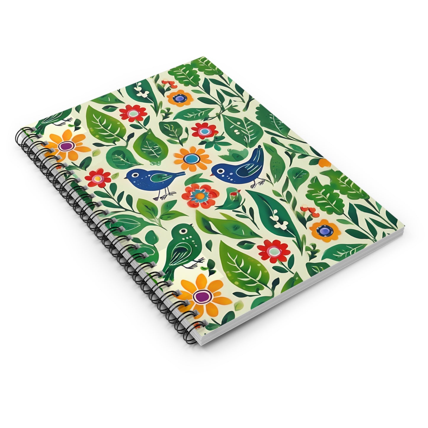 Bright Birds, Bright Green Leaves, Bright Flowers, Folk Art Spiral Notebook - Ruled Line