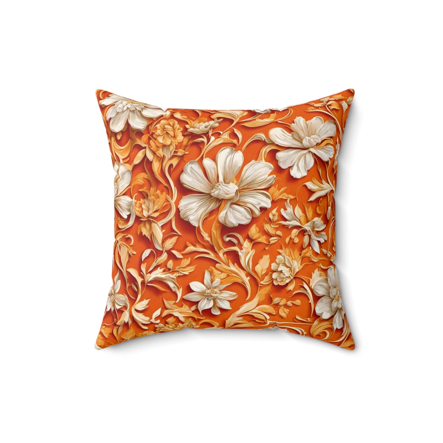 White Flowers on Apricot Polyester Square Pillow