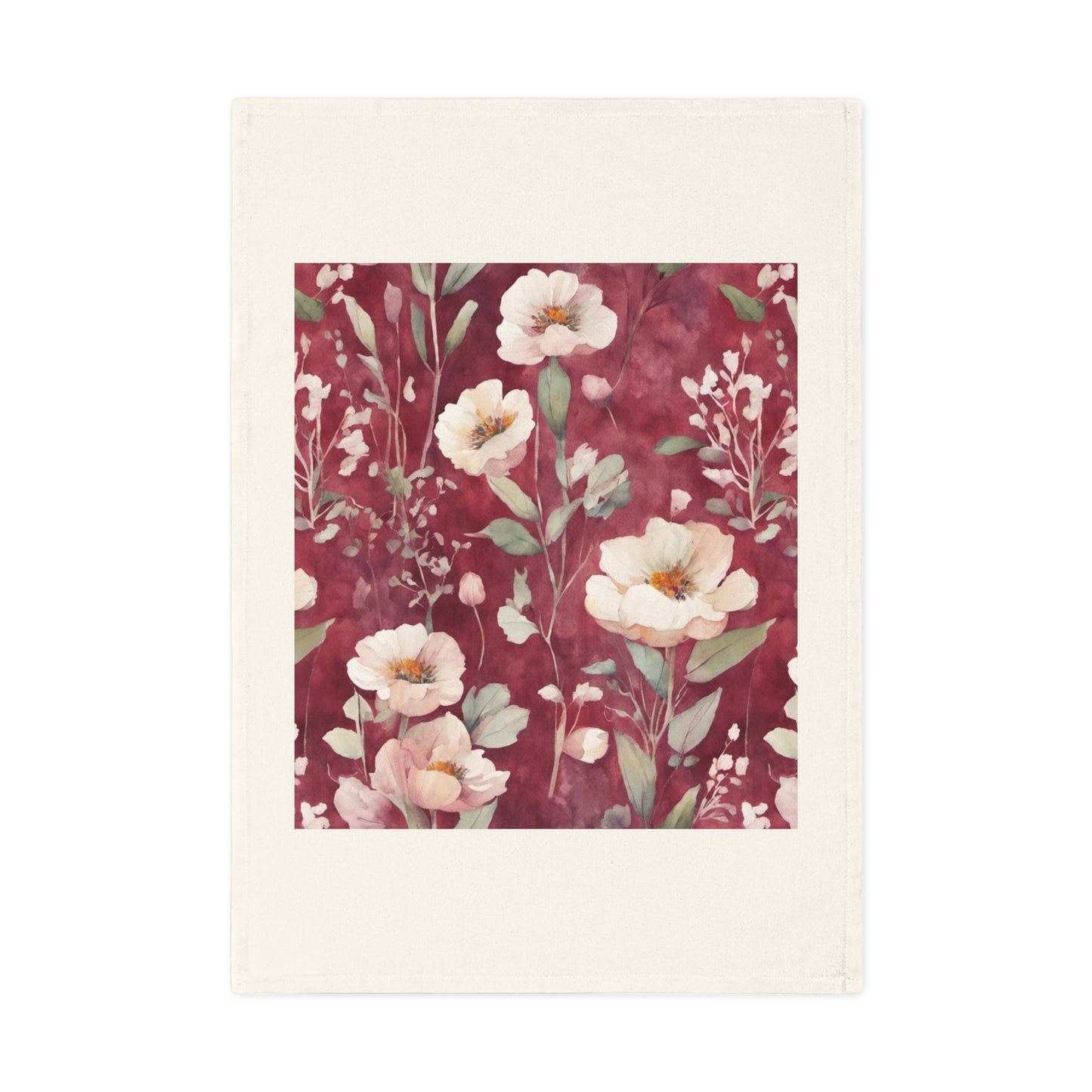 White Roses on Plum Red Cotton Tea Towel