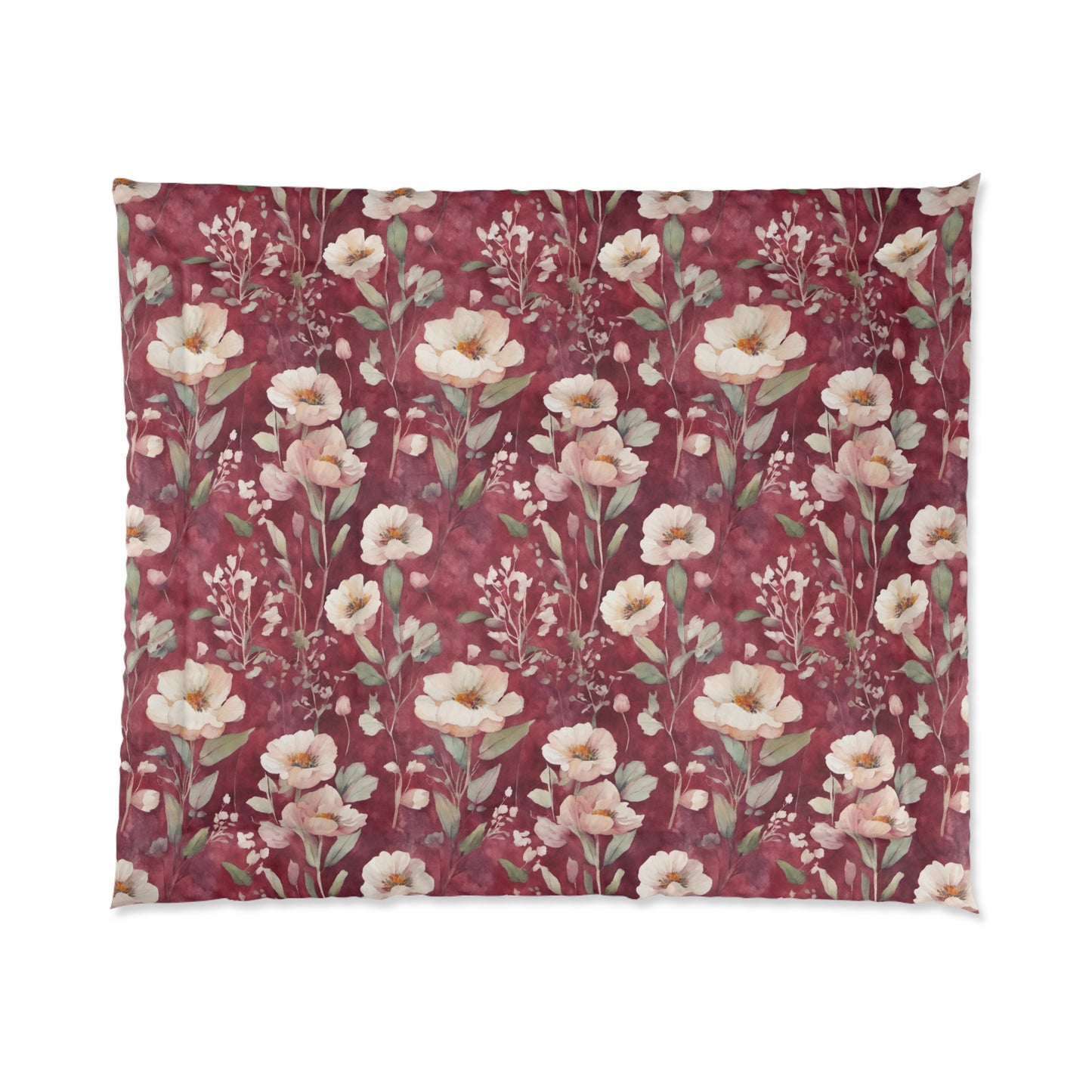 White Roses on Plum Red Comforter