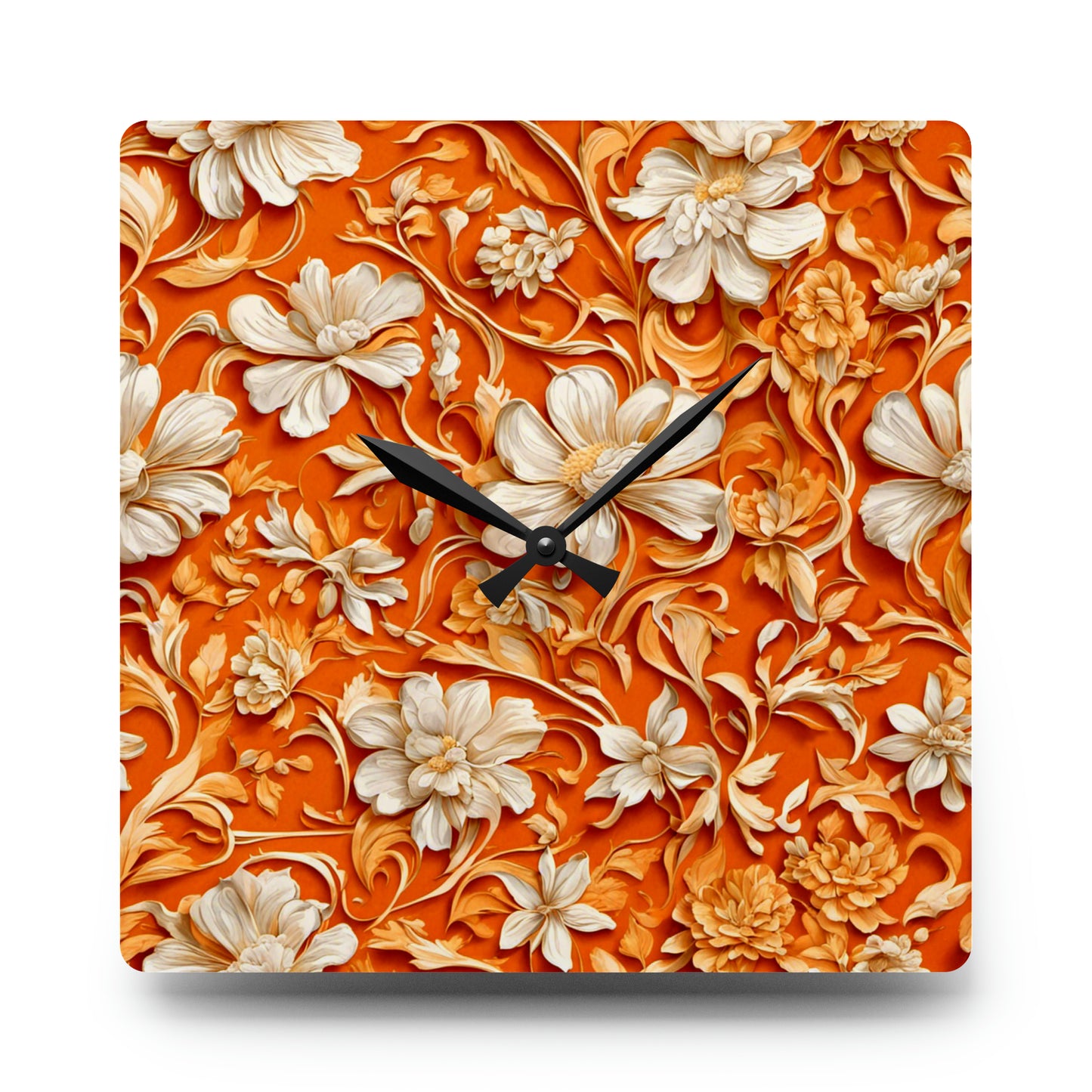 White Flowers on Apricot Acrylic Wall Clock