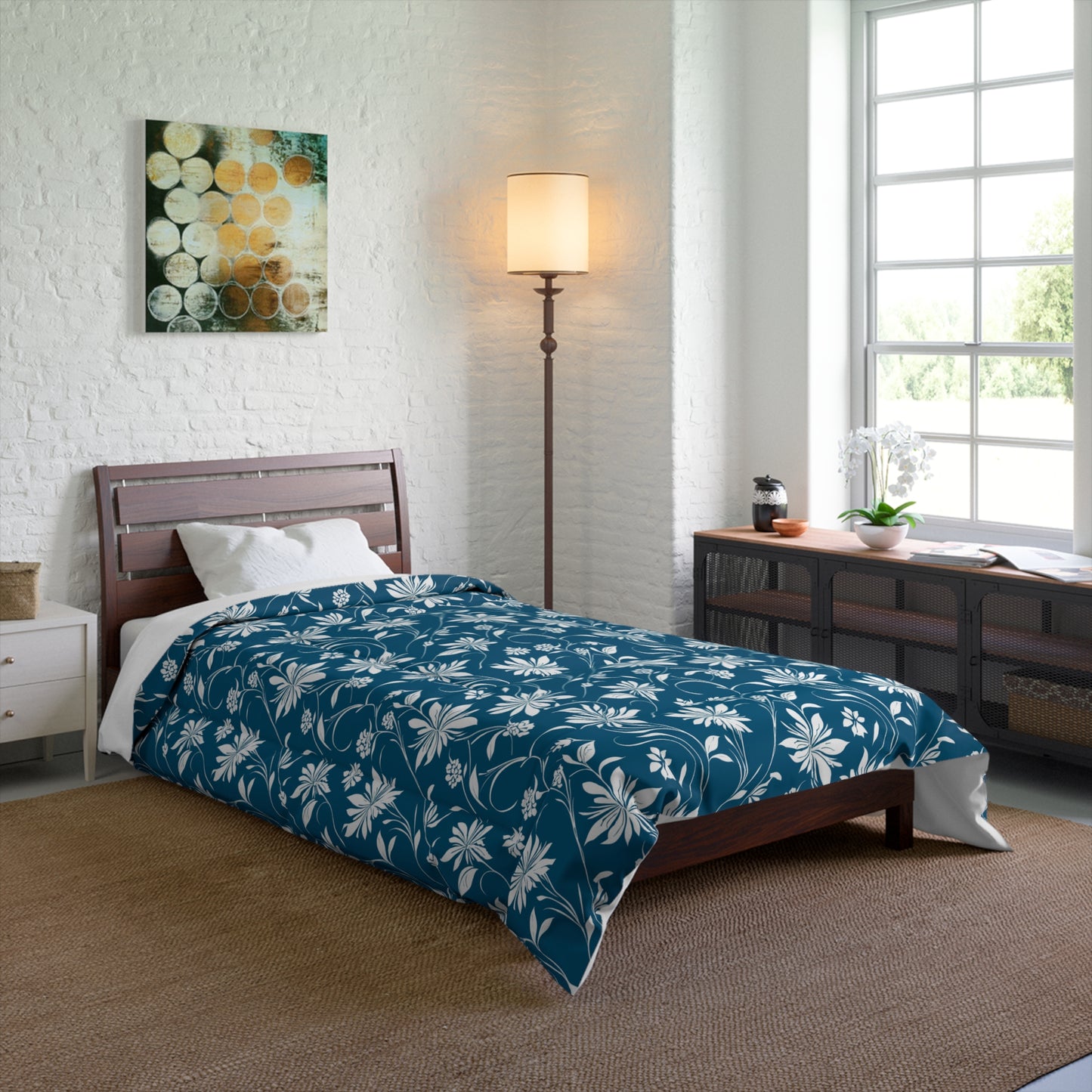 Simple White Flower on Dark Teal Pattern Comforter