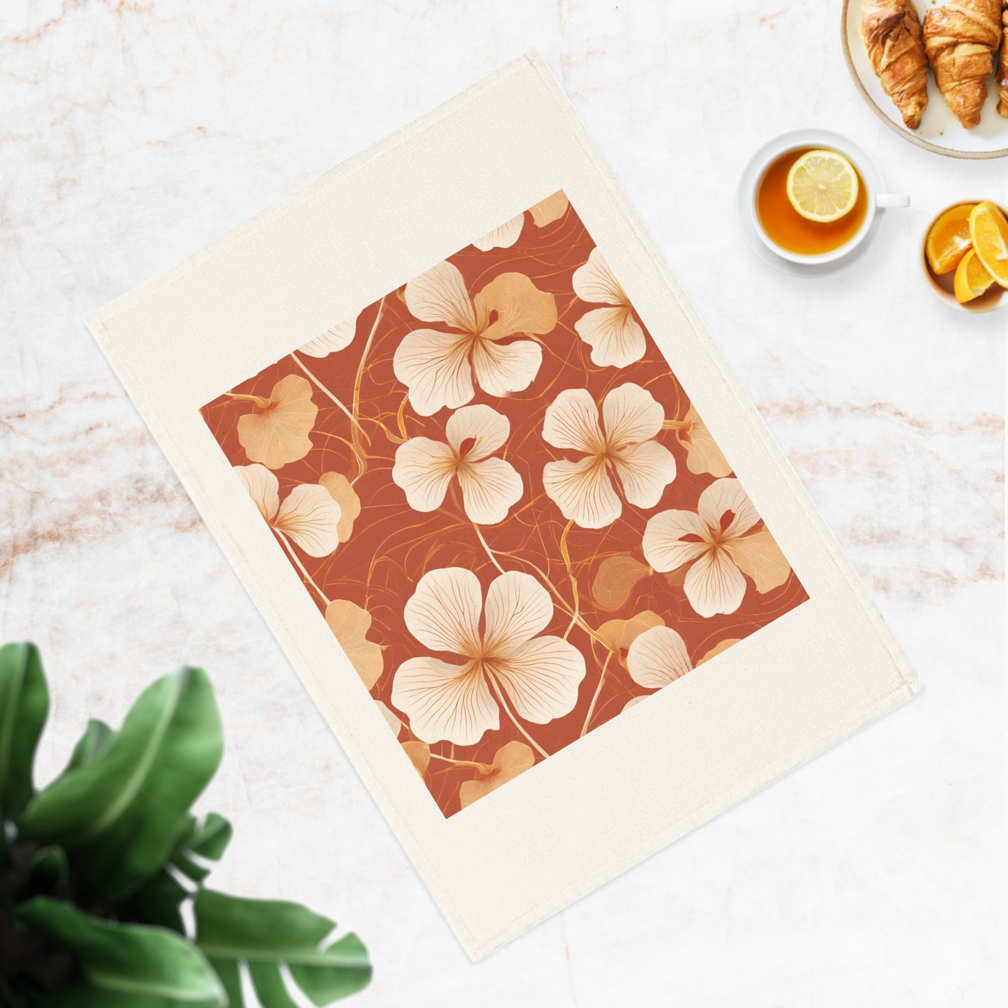 Leaves and Petals in Shades of Ochre Cotton Tea Towel