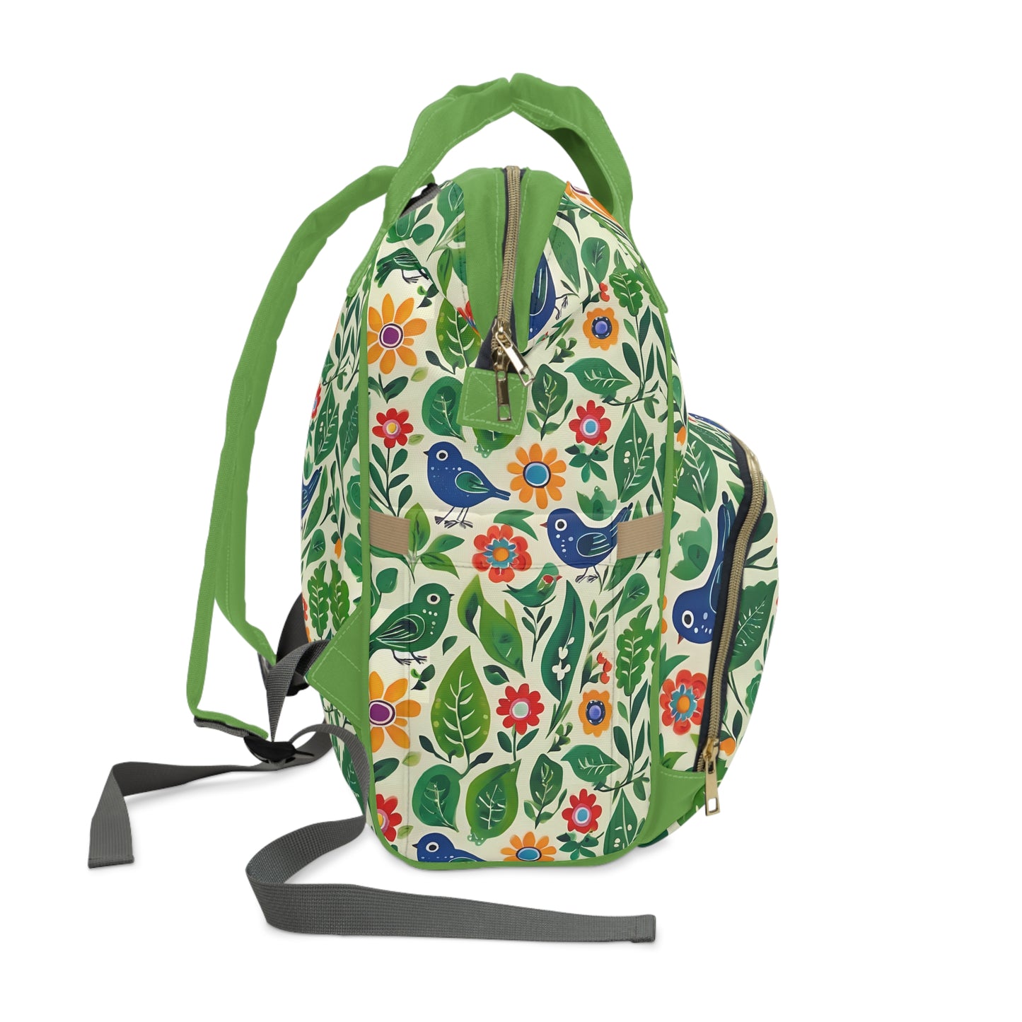 Bright Birds, Bright Green Leaves, Bright Flowers, Folk Art Multifunctional Diaper Backpack