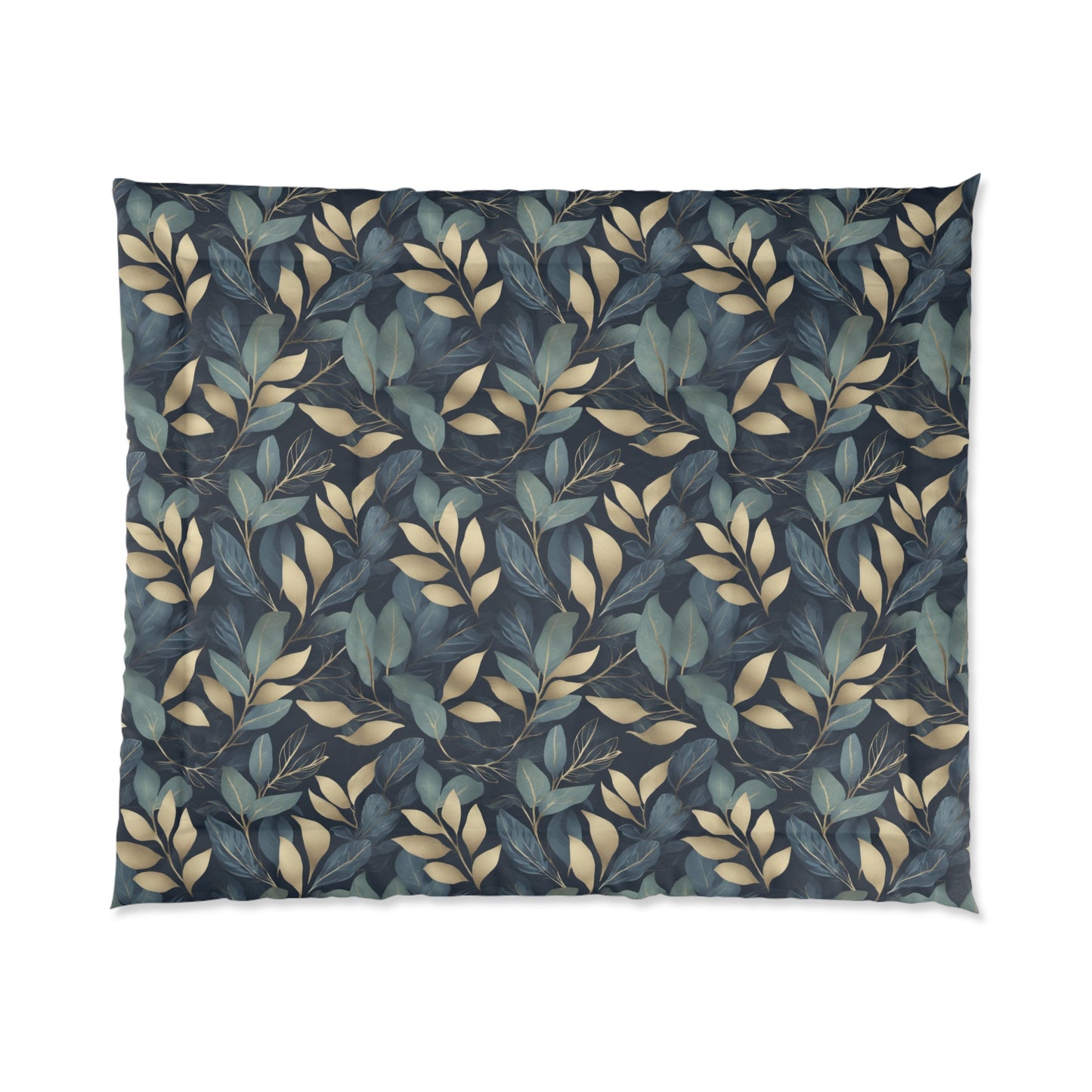 Green, Gold and Teal Leaves on Indigo Comforter