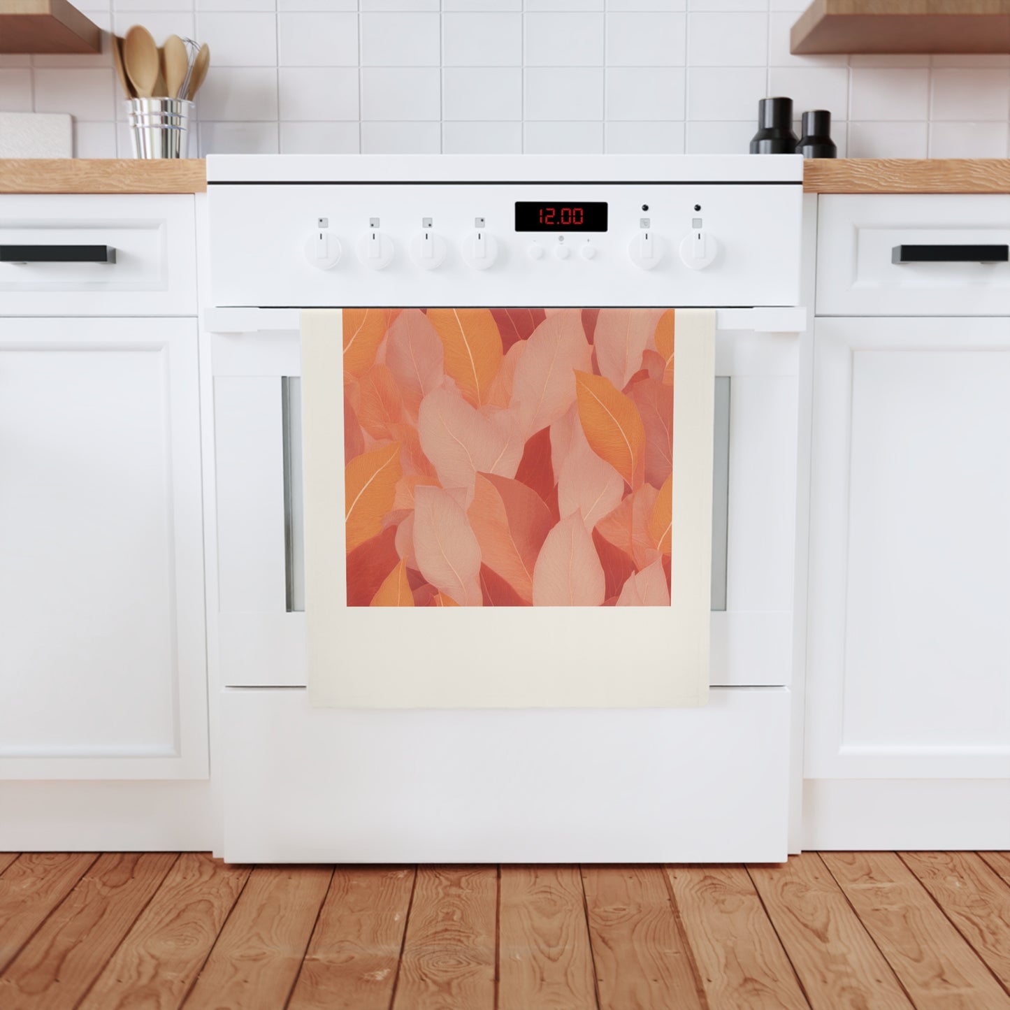 Soft Autumn Leaves in Pink, Red and Orange Cotton Tea Towel