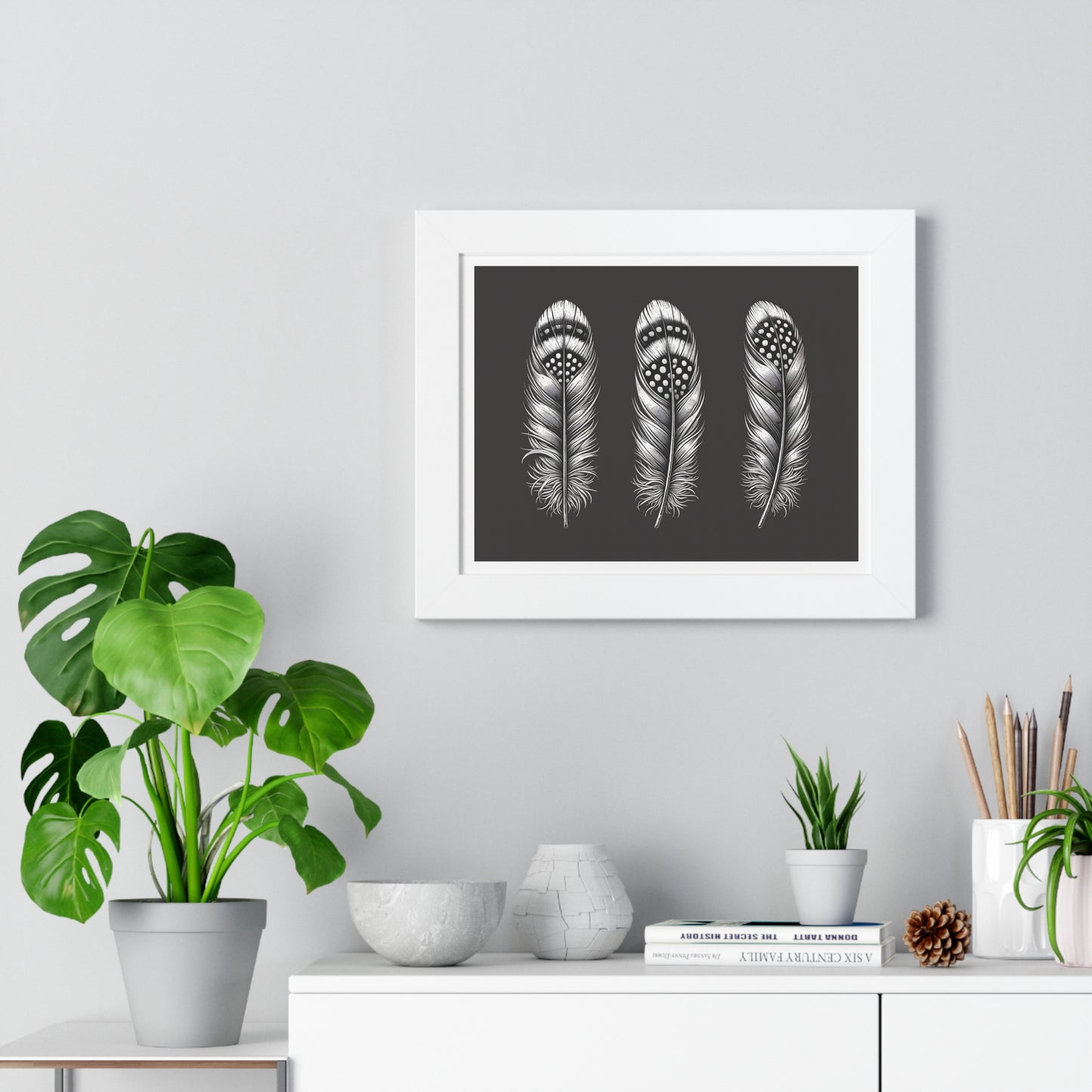 Black and White Speckled Feathers, Framed Horizontal Poster