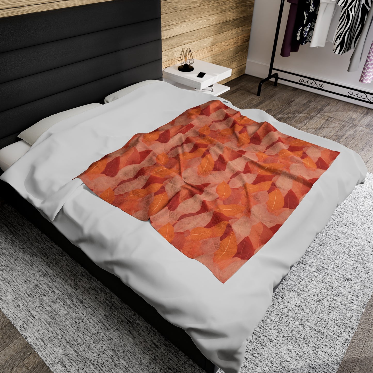 Soft Autumn Leaves in Pink, Red and Orange Velveteen Plush Blanket