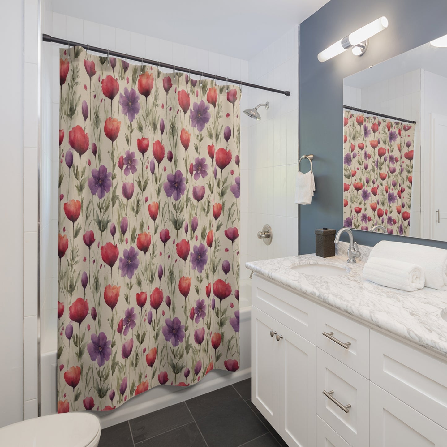 Poppies and Plum Flowers Shower Curtains