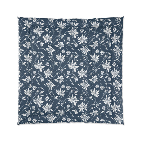 Simple White Flower on Indigo Pattern Comforter