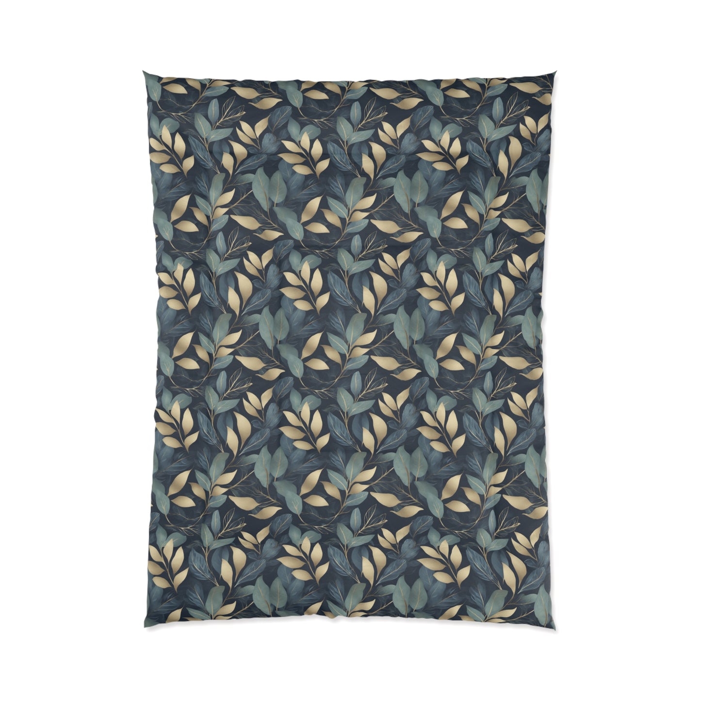 Green, Gold and Teal Leaves on Indigo Comforter