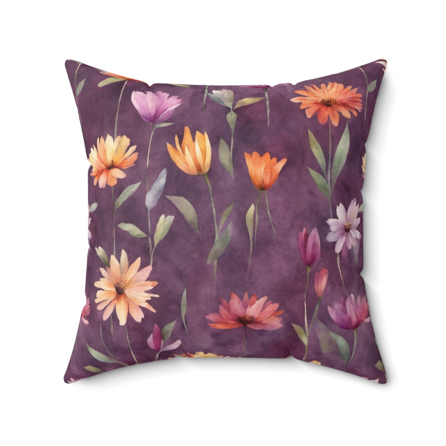 Wild Flowers on Plum Polyester Square Pillow