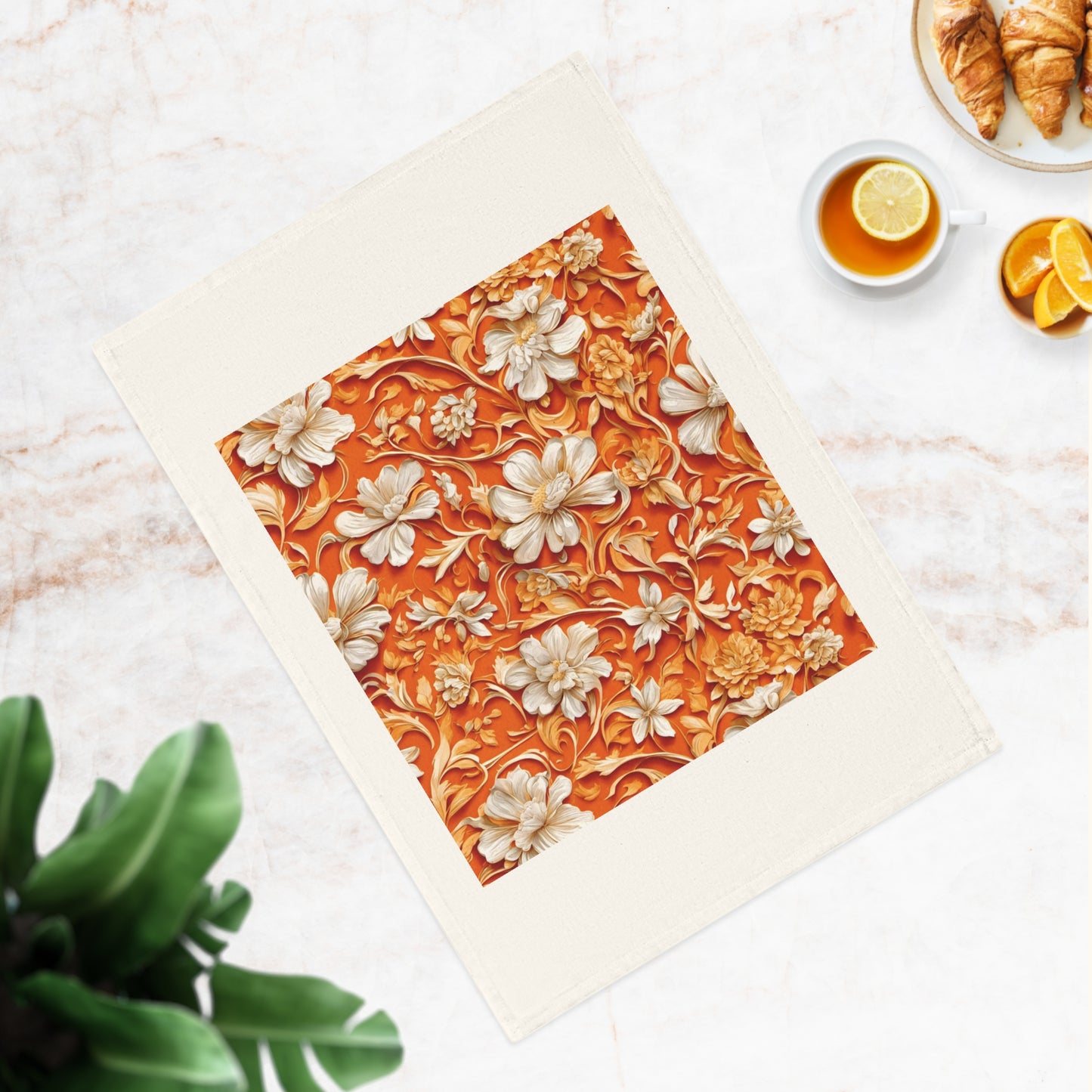 White Flowers on Apricot Cotton Tea Towel