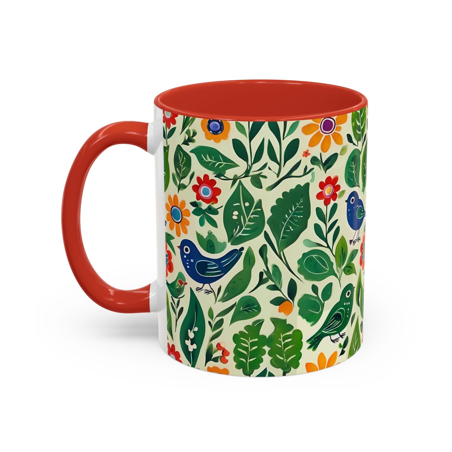 Bright Birds, Bright Green Leaves, Bright Flowers, Folk Art Coffee Mug, 11oz