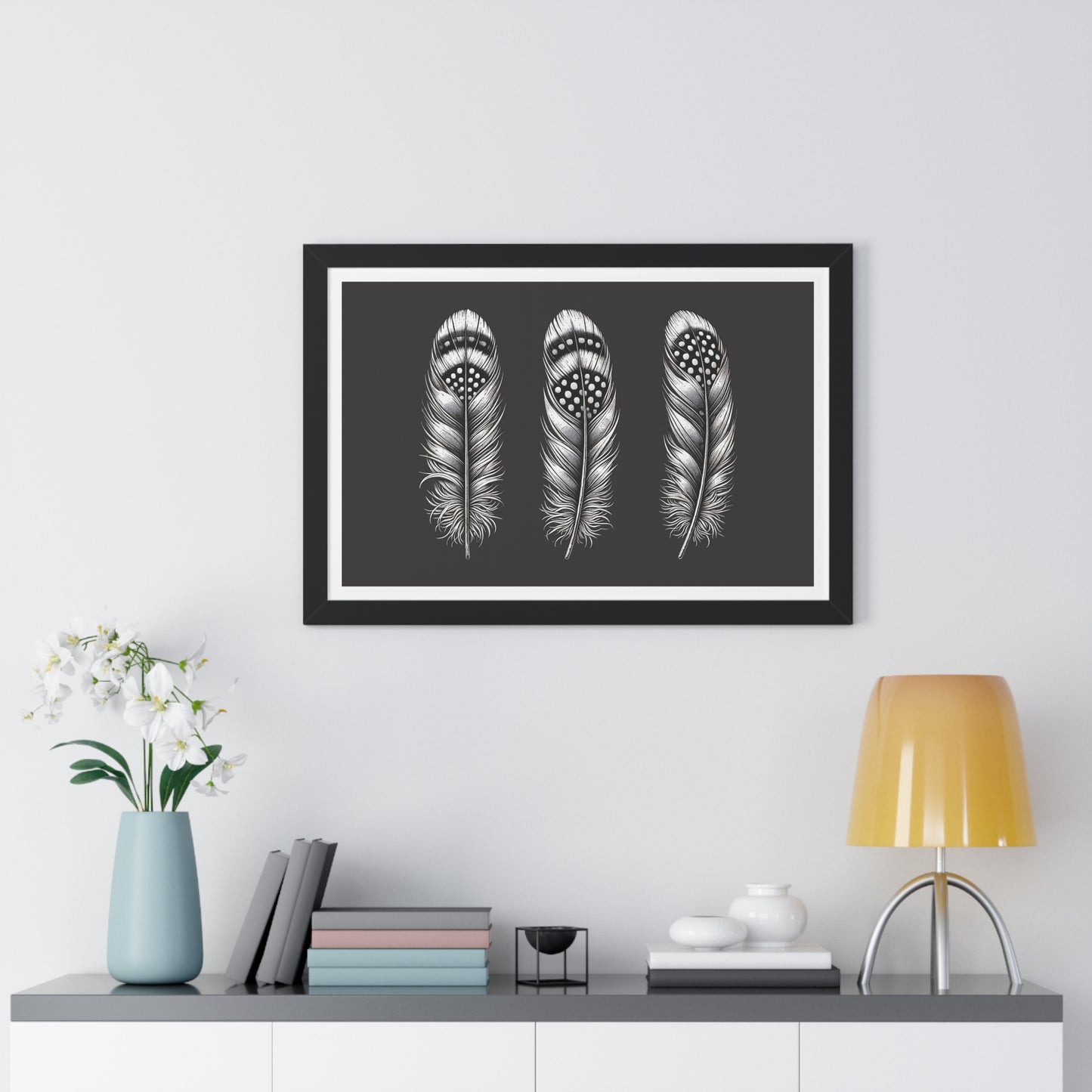 Black and White Speckled Feathers, Framed Horizontal Poster