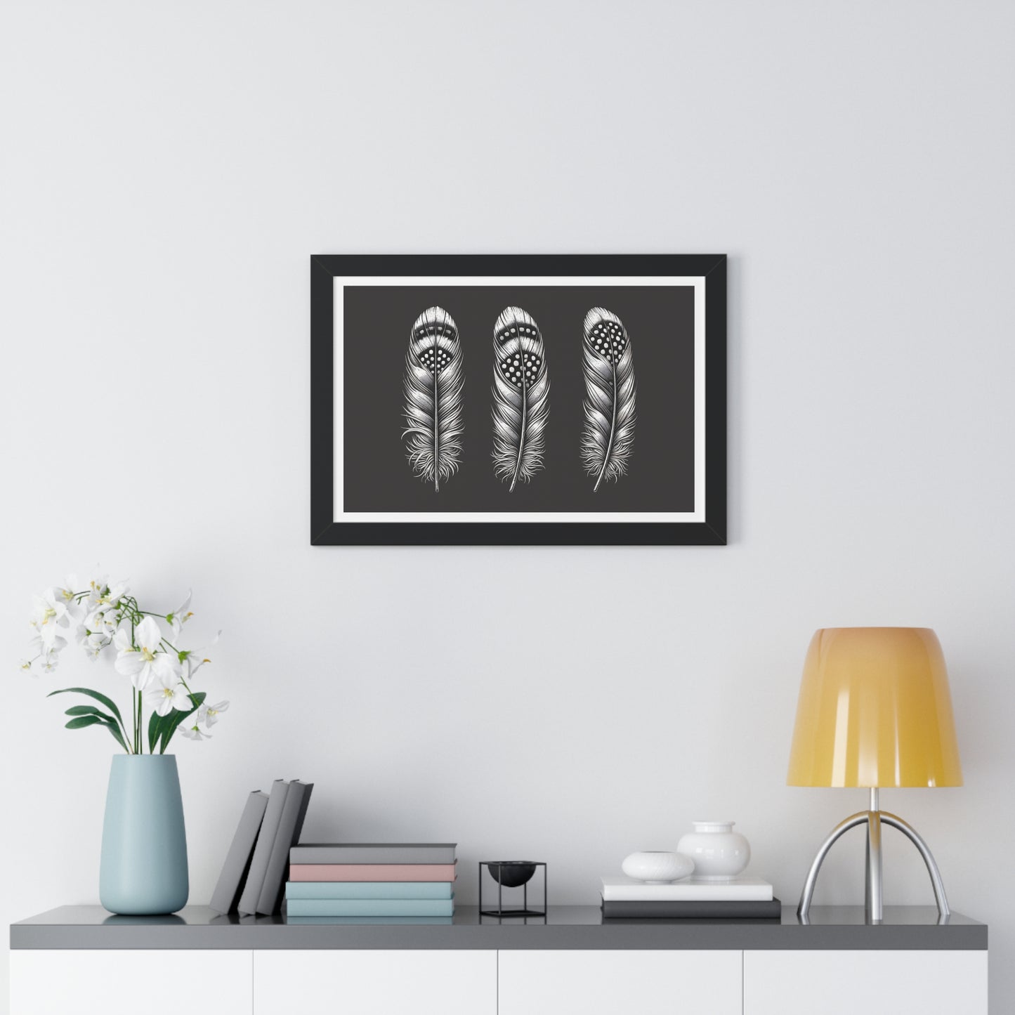 Black and White Speckled Feathers, Framed Horizontal Poster