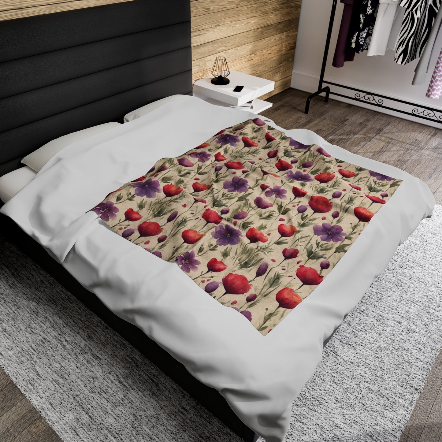 Poppies and Plum Flowers Velveteen Plush Blanket