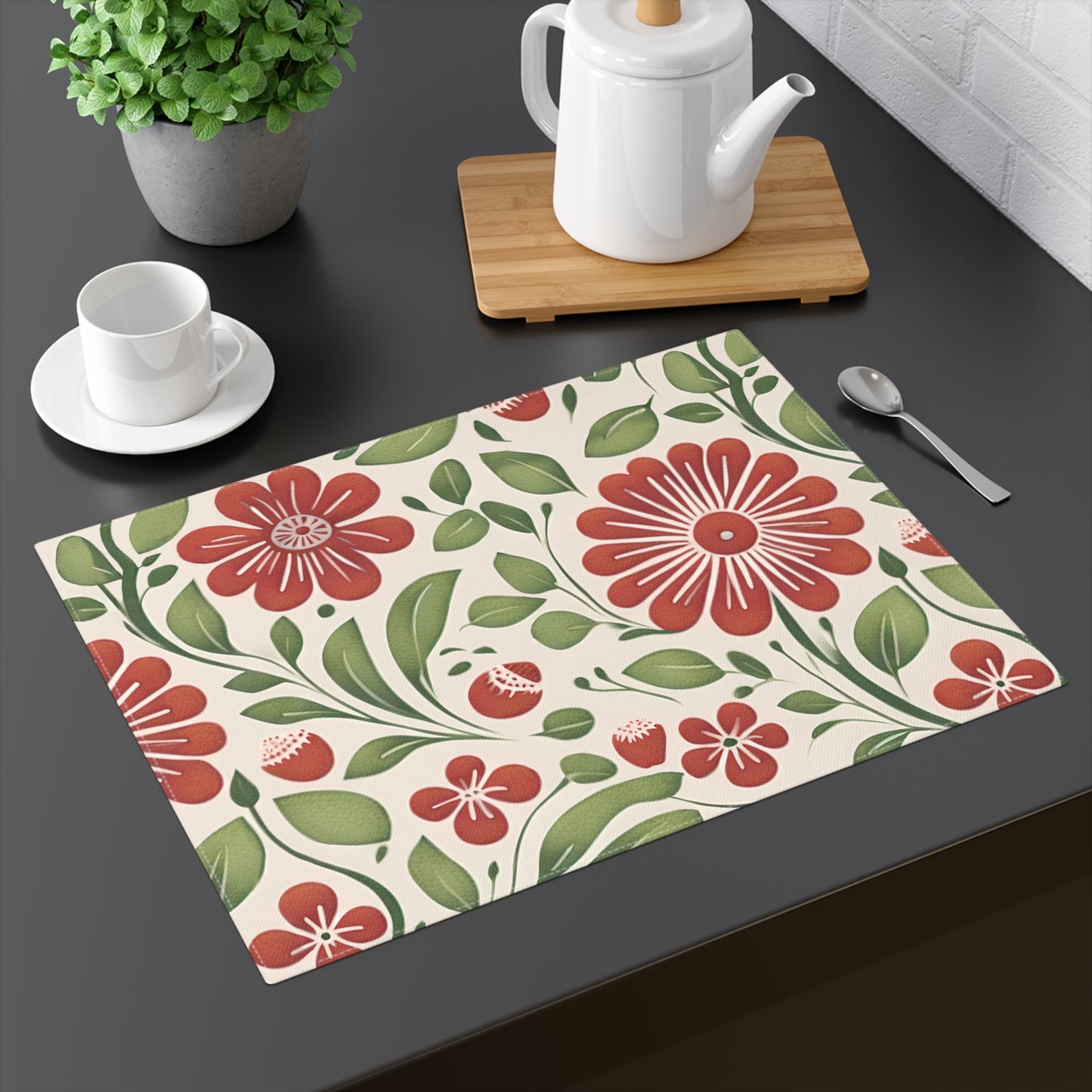 Strawberry Folk Art Flower, Placemat, 1pc