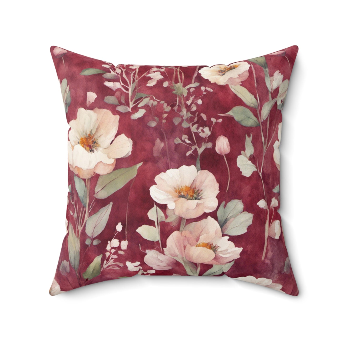 White Roses on Plum Red Polyester Square Pillow