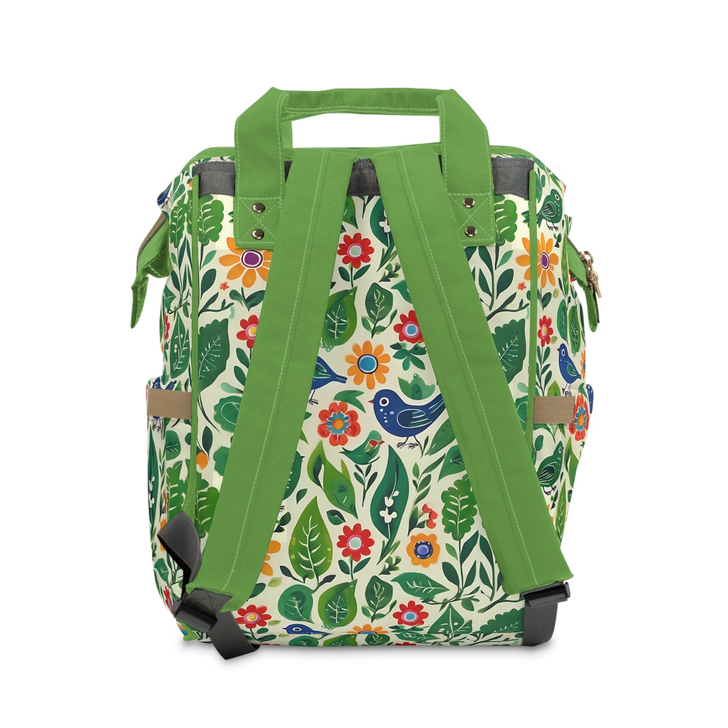 Bright Birds, Bright Green Leaves, Bright Flowers, Folk Art Multifunctional Diaper Backpack