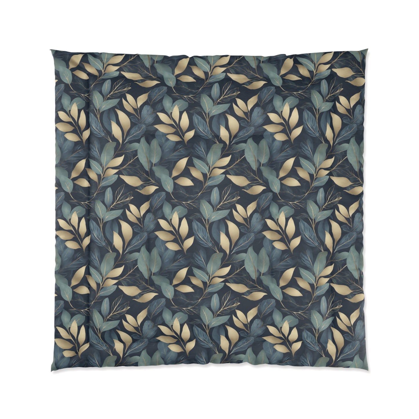 Green, Gold and Teal Leaves on Indigo Comforter