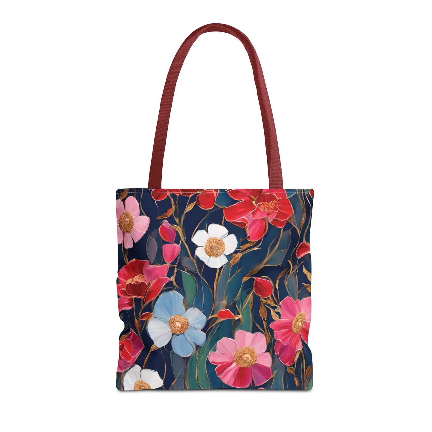 Red and Pink Poppies on Indigo, Tote Bag (AOP)