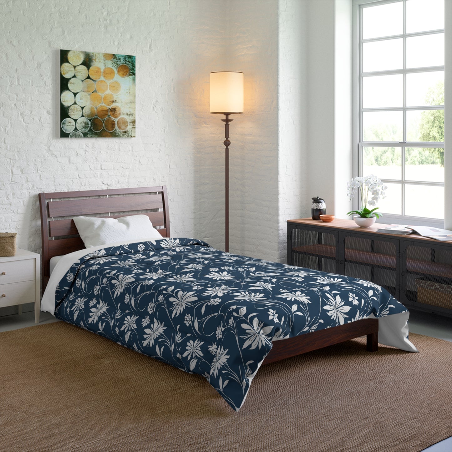 Simple White Flower on Indigo Pattern Comforter