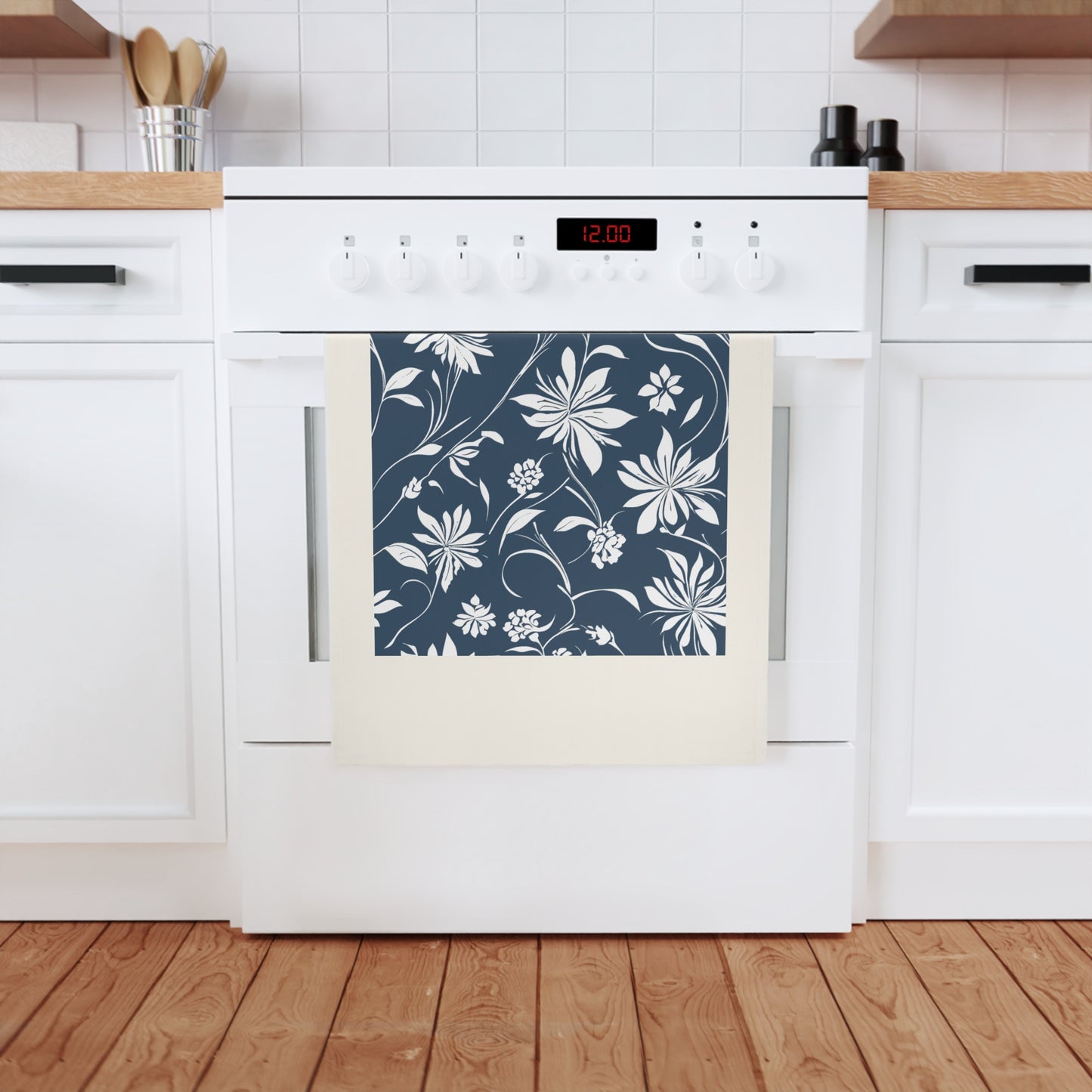 Simple White Flower on Indigo Pattern Cotton Tea Towel