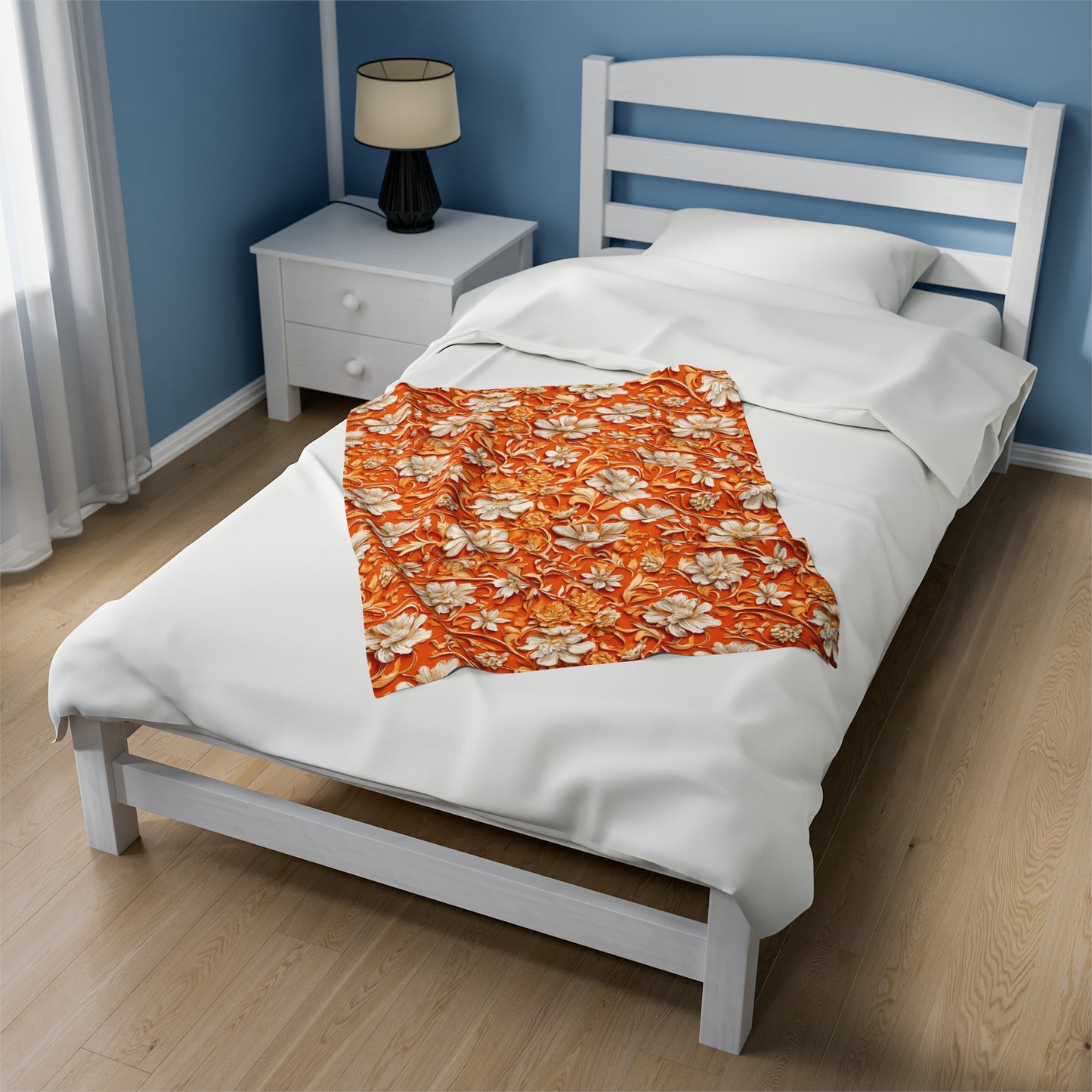 White Flowers on Apricot Velveteen Plush Blanket