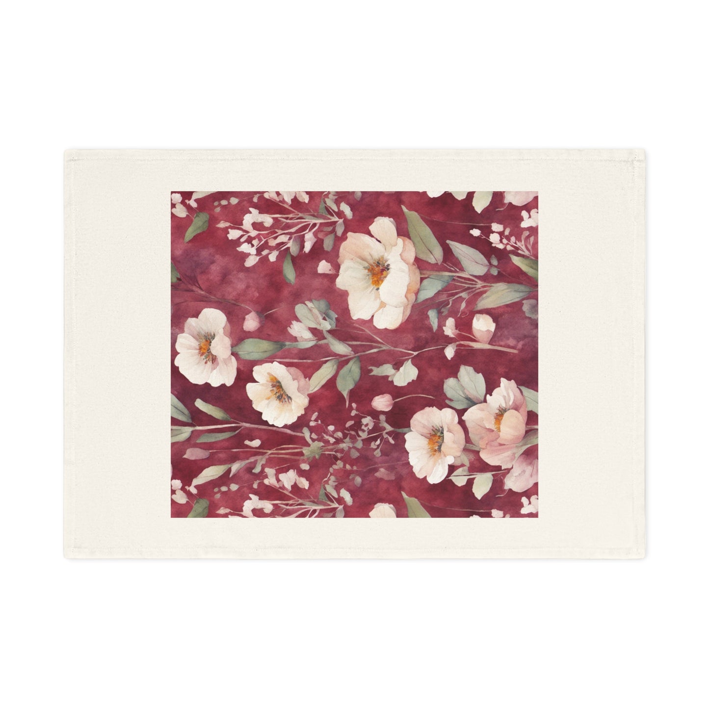 White Roses on Plum Red Cotton Tea Towel