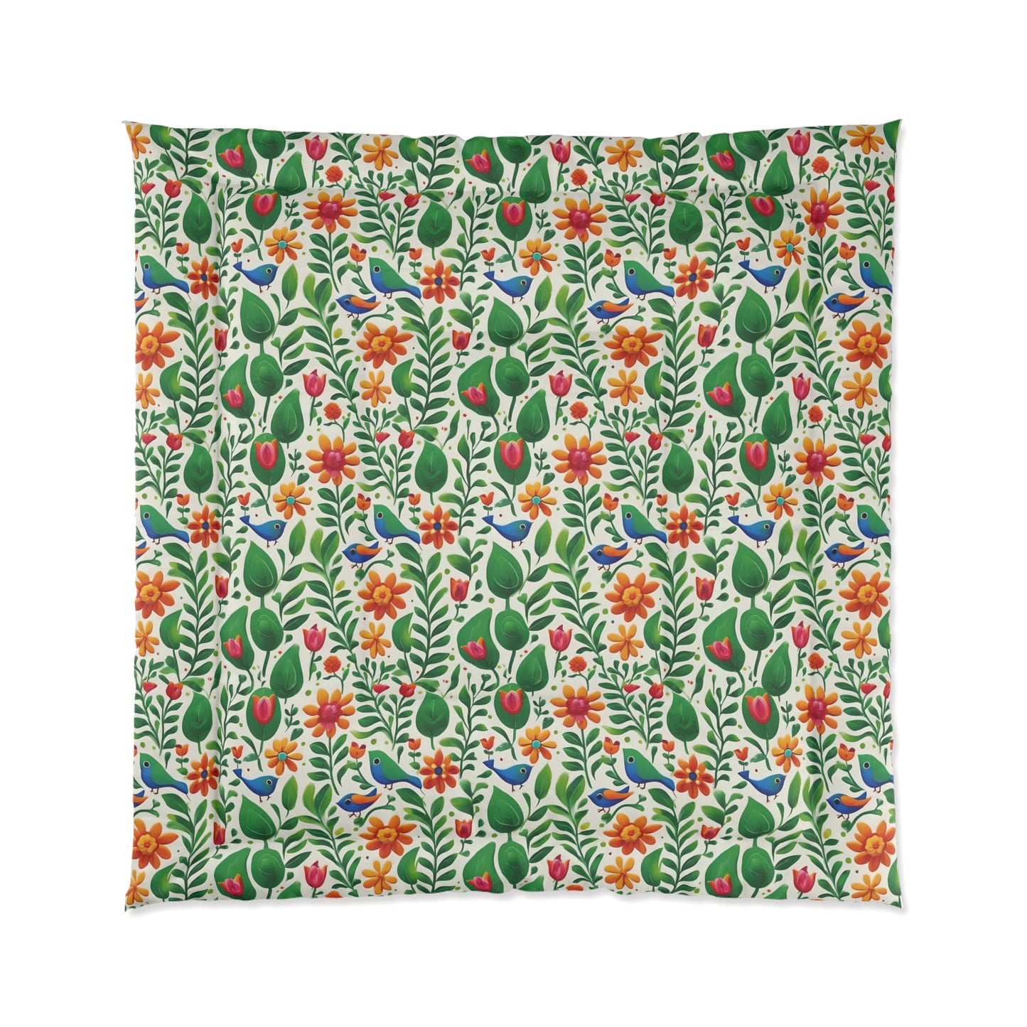 Bright Garden Birds, Leaves and Flowers Comforter