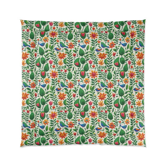 Bright Garden Birds, Leaves and Flowers Comforter