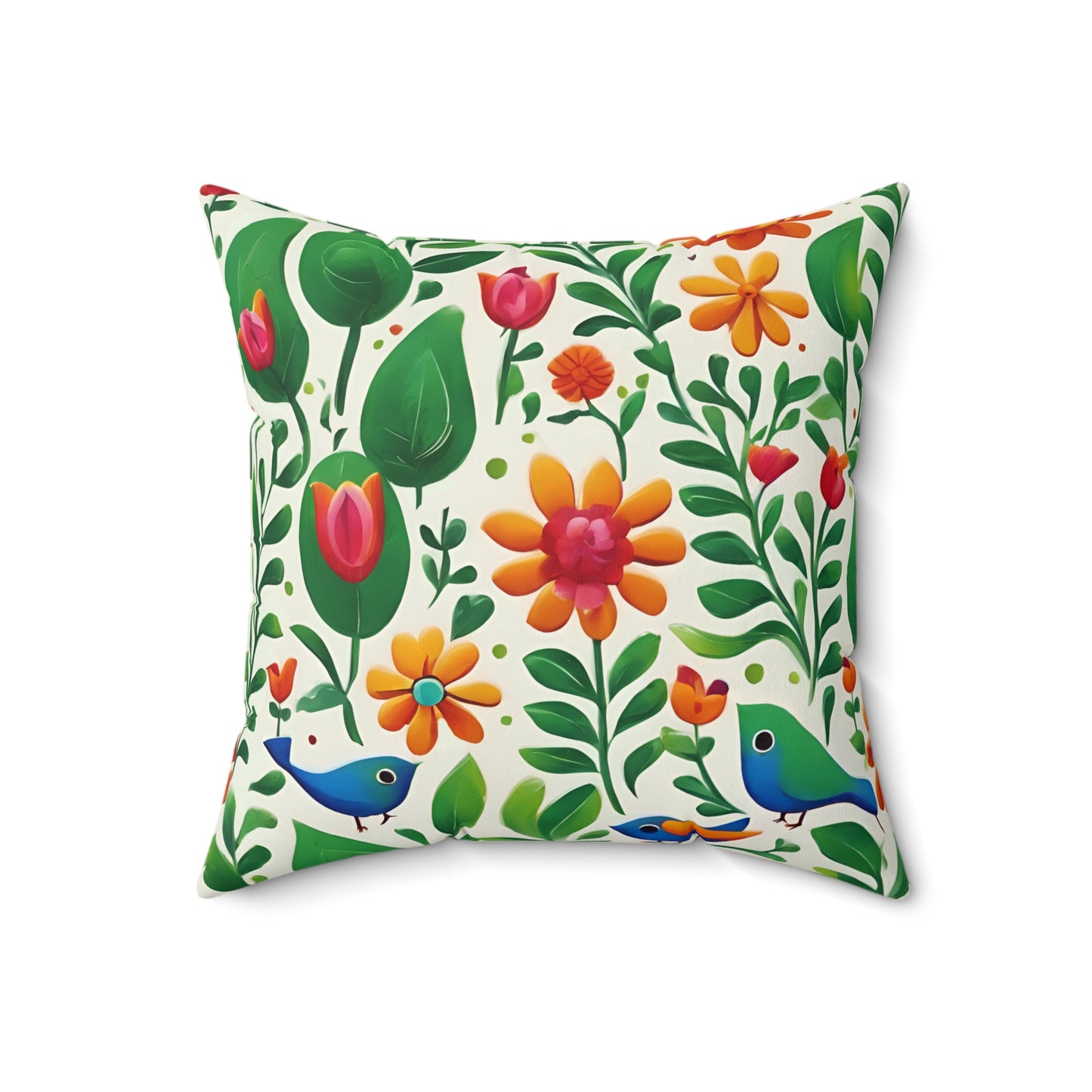 Bright Garden Birds, Leaves and Flowers Polyester Square Pillow